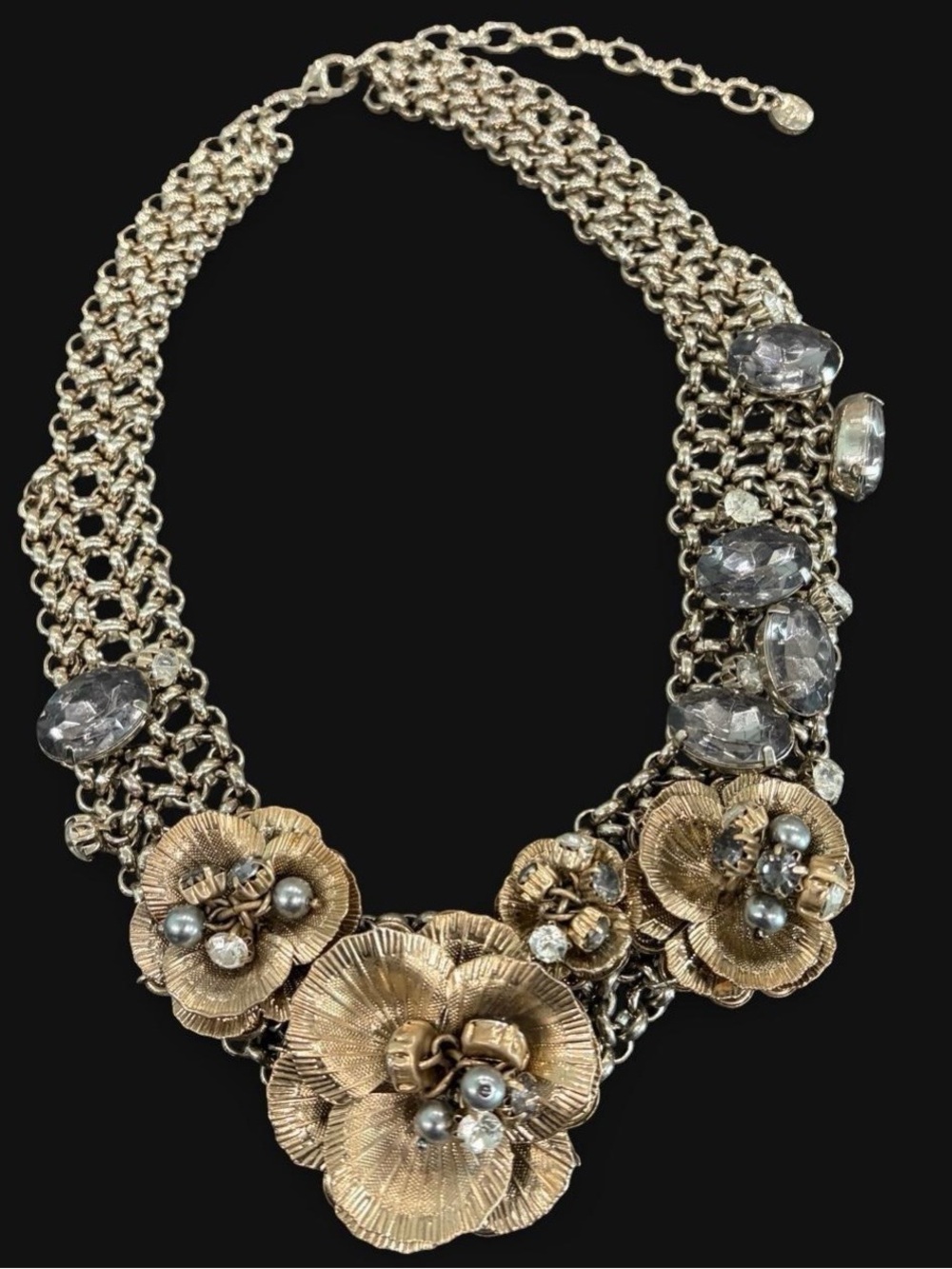 Vintage Ann Taylor Loft Flower Statement Necklace with Bib Crystal Accent chunky